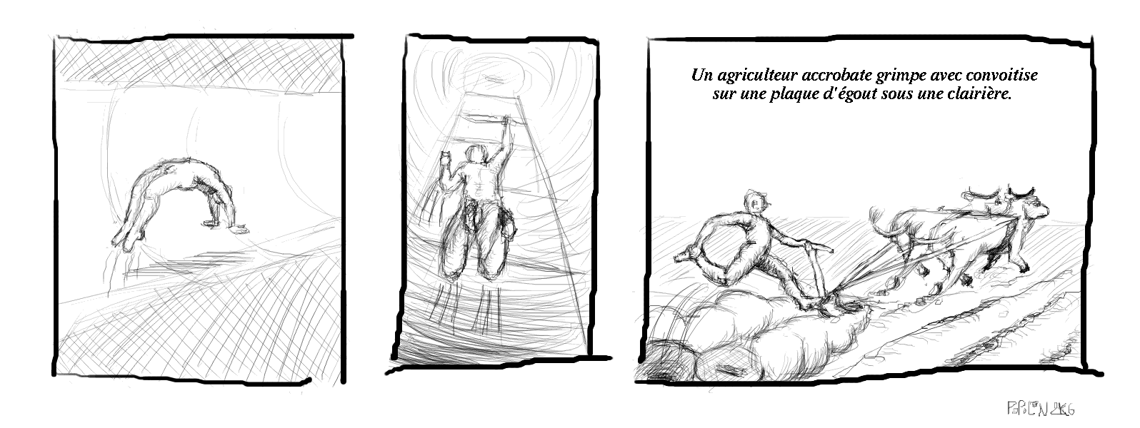 Un agriculteur accrobate grimpe avec convoitise sur une plaque d\'Ã©gout sous une clairiÃ¨re.