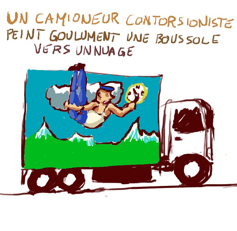 Un camioneur contorsioniste peint goulument une boussole vers un nuage.